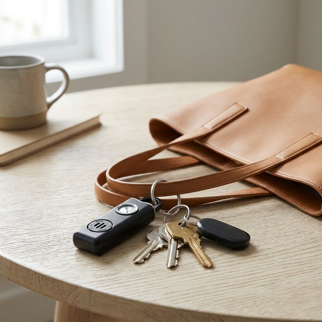 SheSafe alarm on keychain with bag